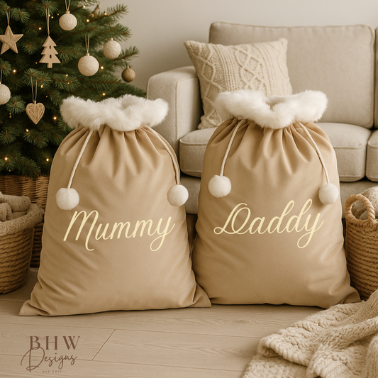 Two beige personalised beige velvet Santa sack with 'Mummy' and 'Daddy' in a festive living room with a Christmas tree.