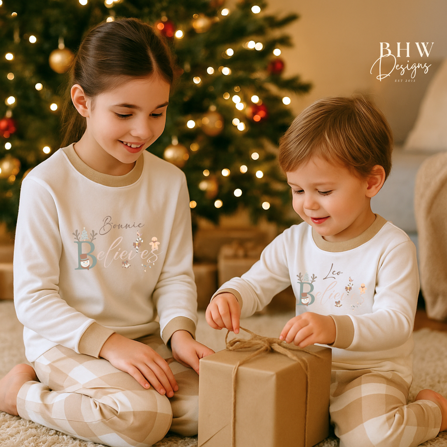 Personalised Beige Check Pyjamas