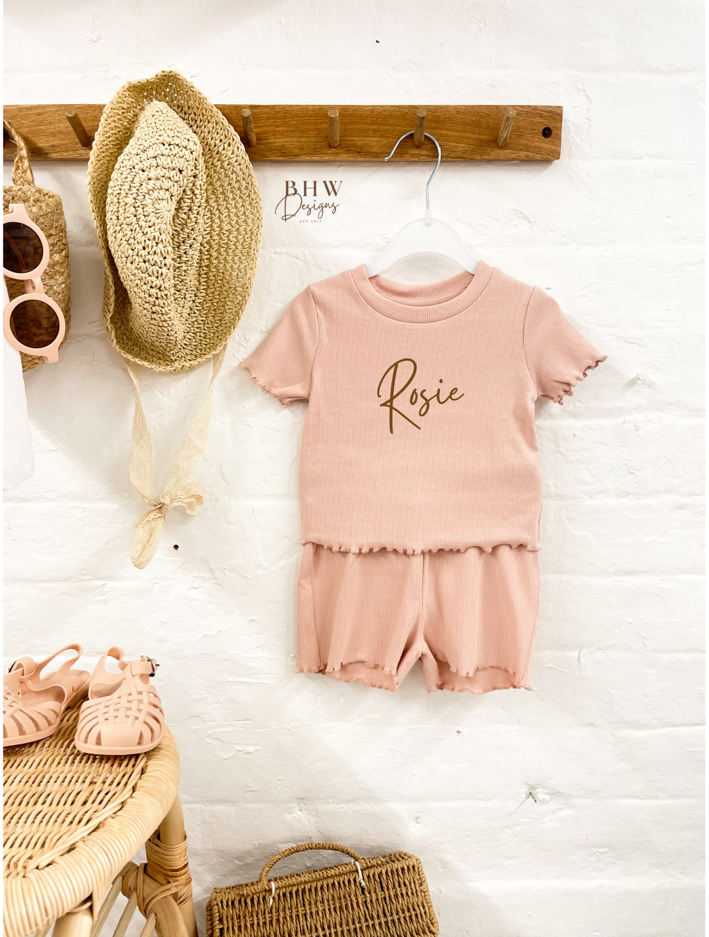 Girl's Ribbed T-shirt and Short Set - Blush Pink