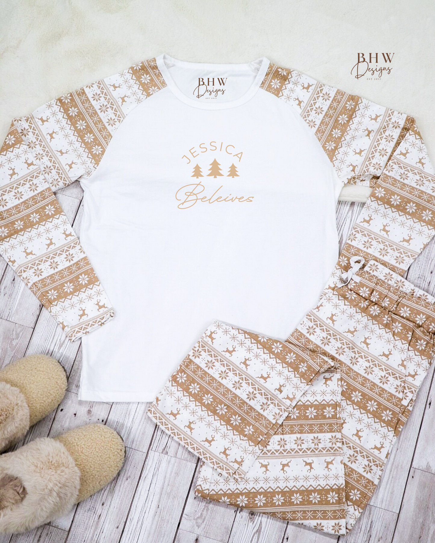 Women's Personalised Beige Fair Isle Pyjamas