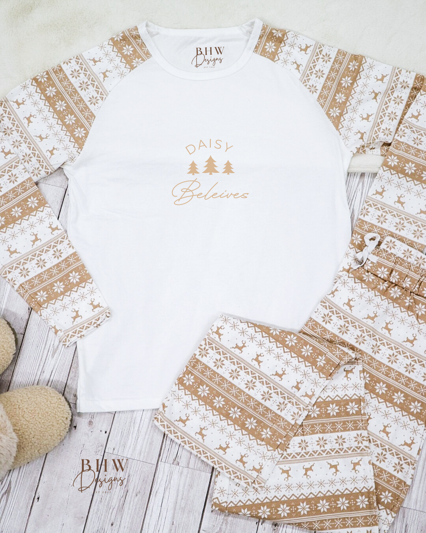 Women's Personalised Beige Fair Isle Pyjamas