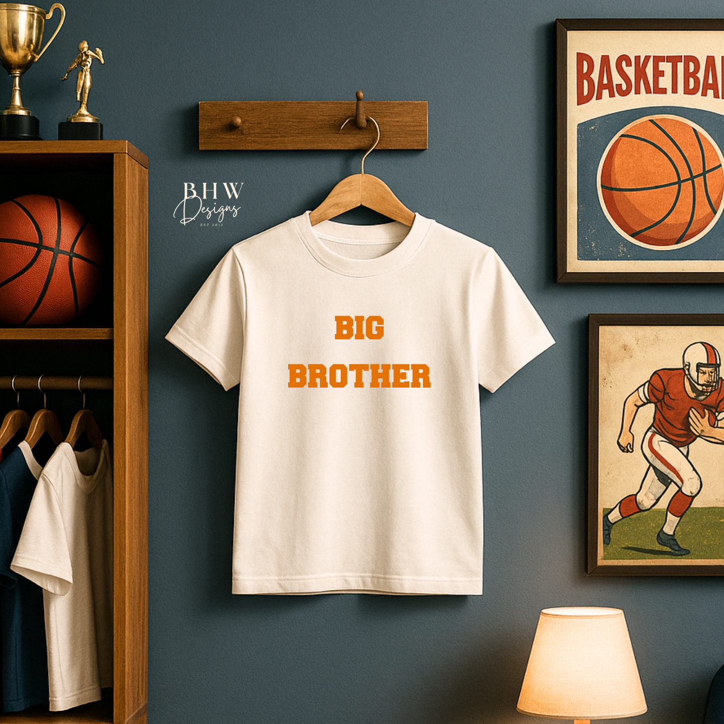 White t-shirt with 'BIG BROTHER' text on a wall with sports-themed decor.