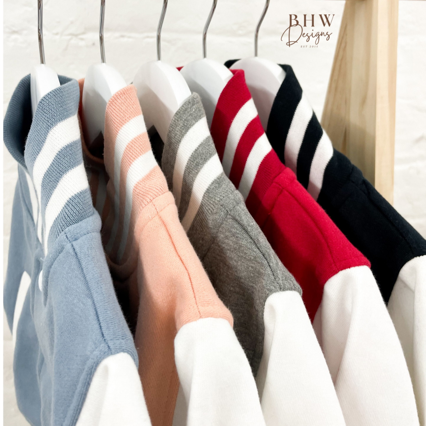 Collection of colourful varsity on a rack
