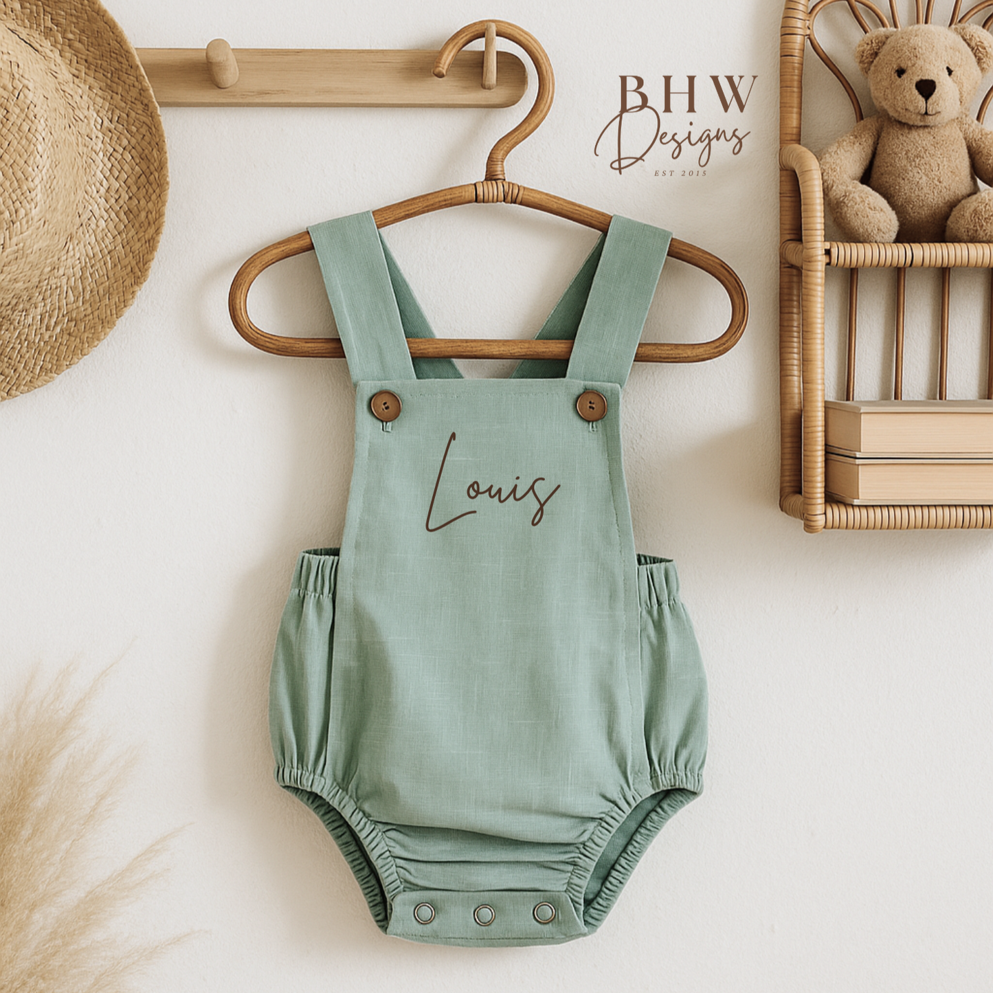 Personalised Dungaree Romper - Sage Green
