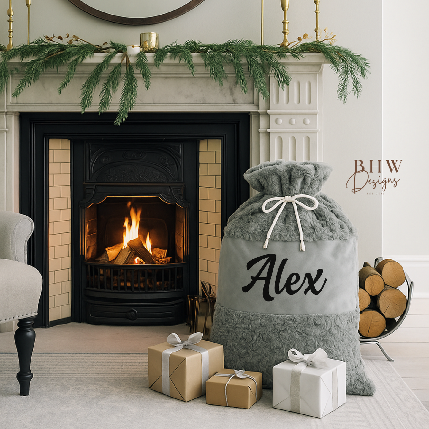 Grey sack with 'Alex' in black on the front