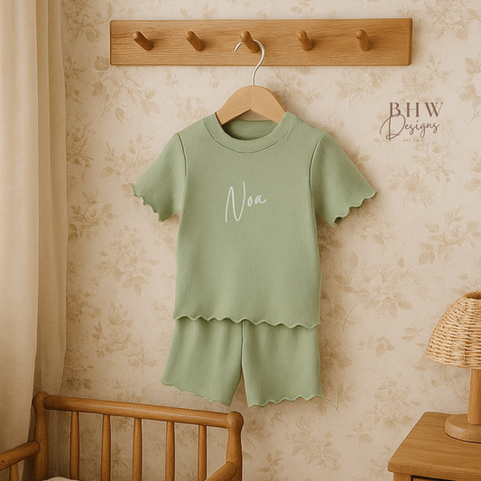 Girl's Ribbed T-shirt and Short Set - Sage Green