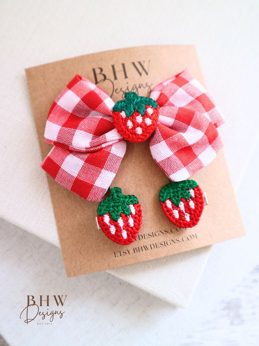 Girl's Strawberry Check Hair bow Set
