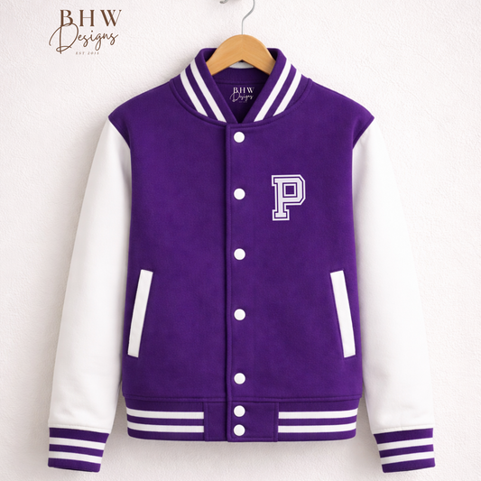 Purple and white varsity jacket with a letter 'P' on a wooden hanger against a white background.