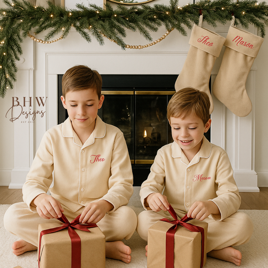 Two children in matching cotton personalised beige pyjamas sitting on the floor with Christmas presents in front of a fireplace.