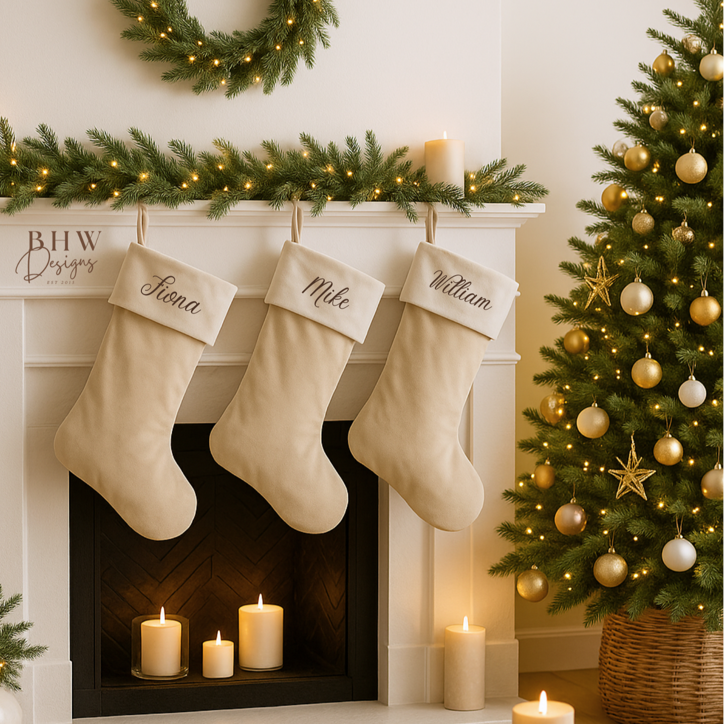personalised Christmas stockings hanging above a fireplace with a decorated Christmas tree in the background.