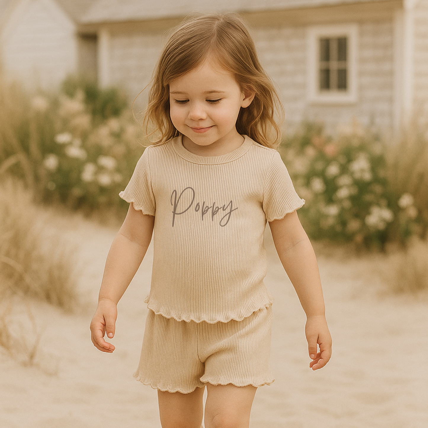 Girl's Ribbed T-shirt and Short Set - Nude