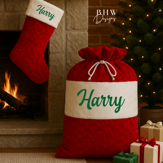 Red and white sack with 'Harry' written on it in green, with a matching santa sack.