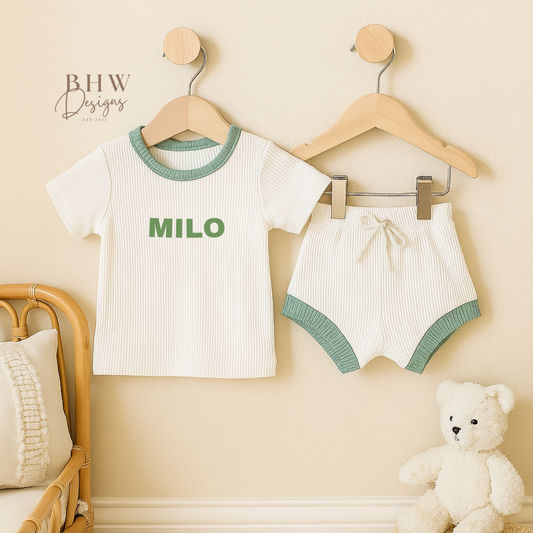 Personalised Ribbed T-shirt and Short set - Sage Green