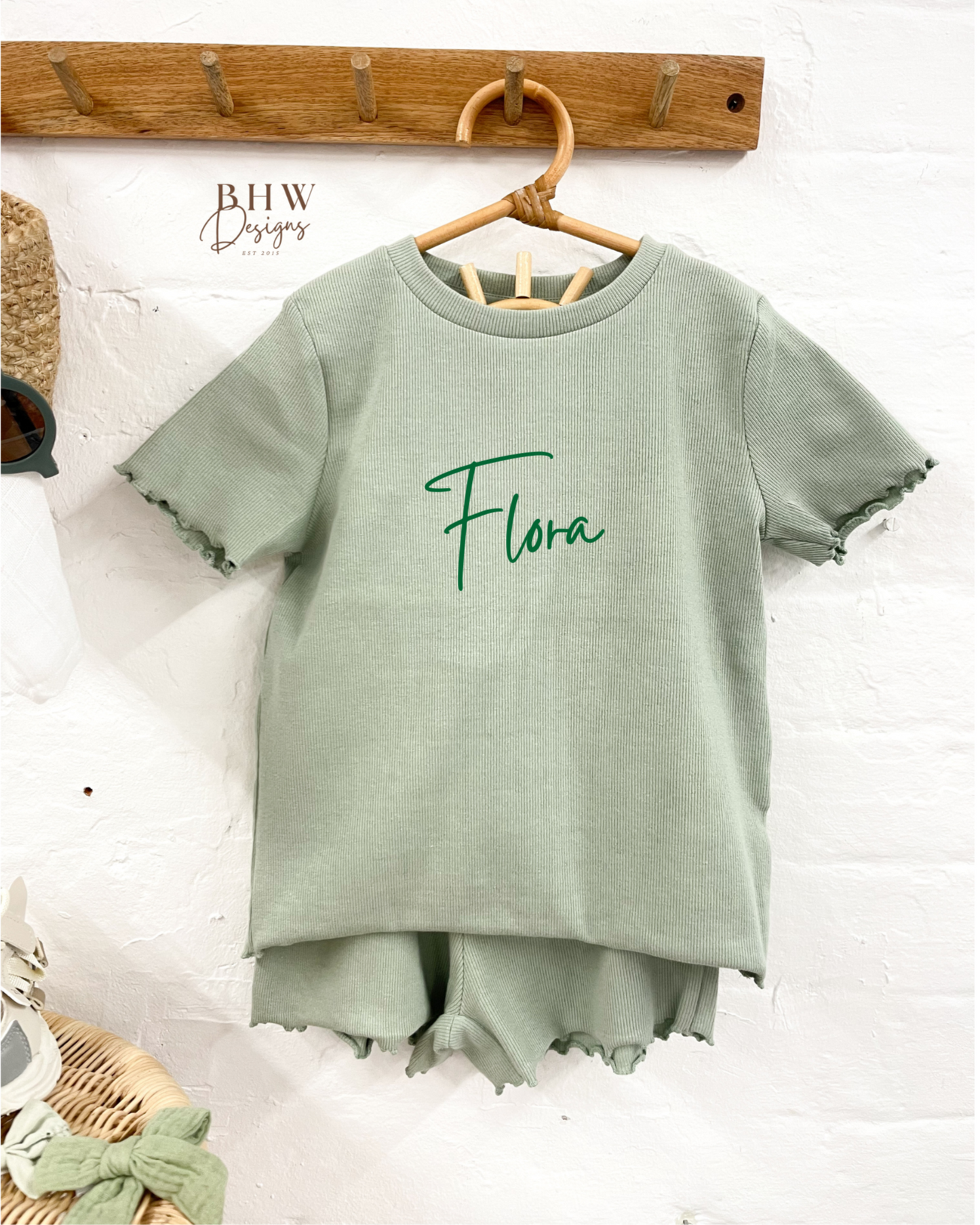 Girl's Ribbed T-shirt and Short Set - Sage Green