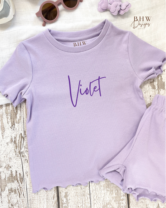 Girl's Ribbed T-shirt and Short Set - Lilac