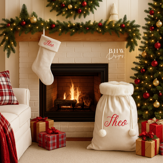 Cozy Christmas living room with fireplace, white personalised stocking and santa sack witH Theo on the front in red
