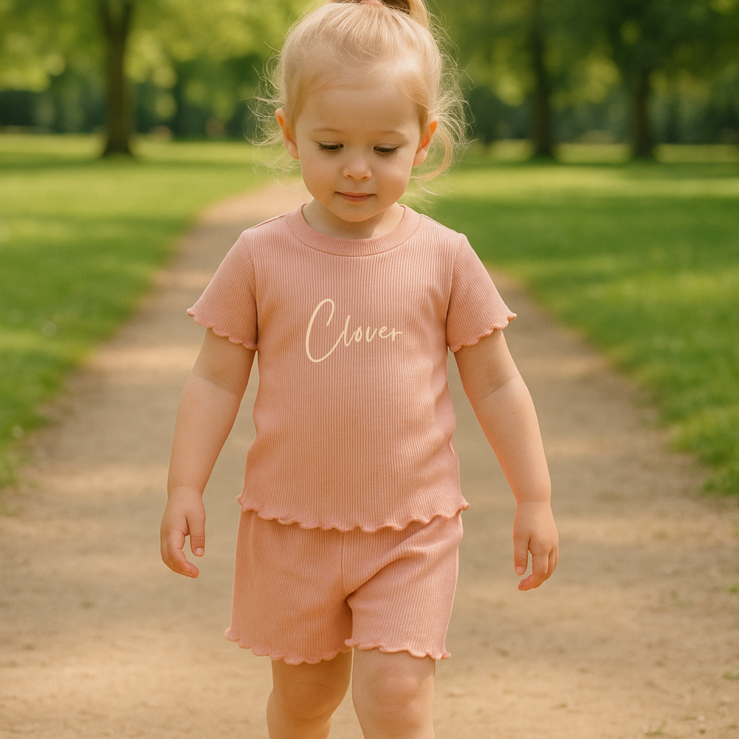 Girl's Ribbed T-shirt and Short Set - Blush Pink