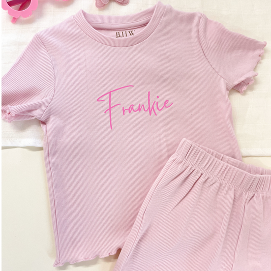 Girl's Ribbed T-shirt and Short Set - Baby Pink