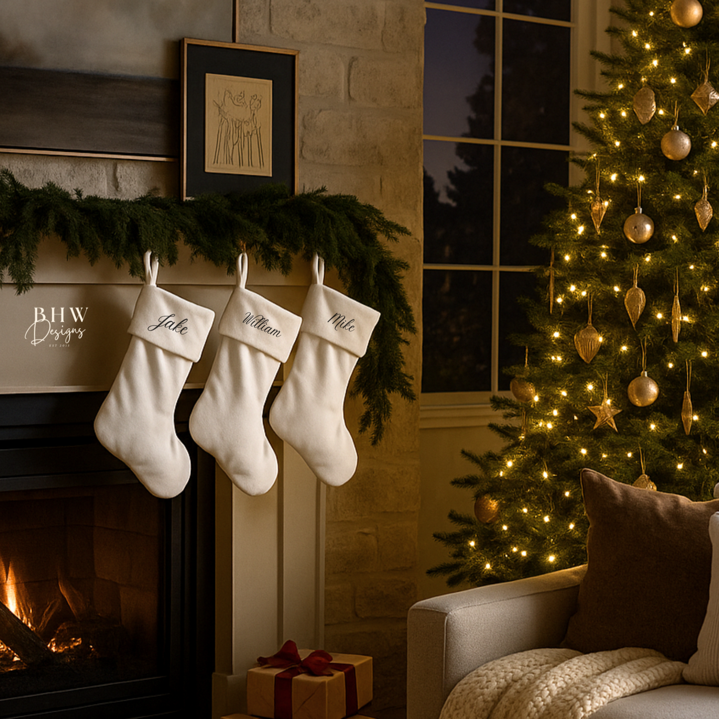 Cozy living room with personalised stockings hanging by a fireplace, Christmas tree, and presents.
