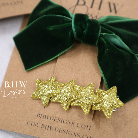 Green Velvet Bow and Star Clip Set
