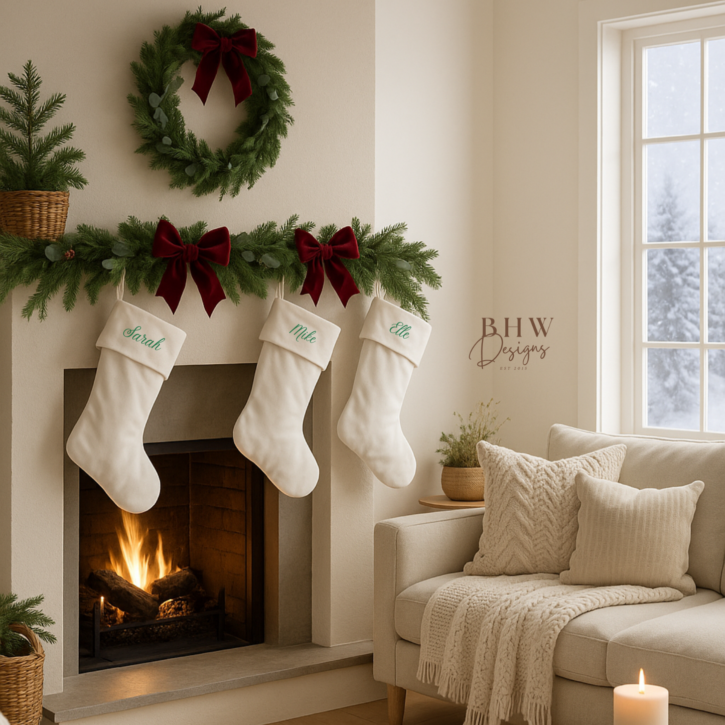 Cozy living room with personalised Christmas stockings on a fireplace, decorated with greenery and ribbons.