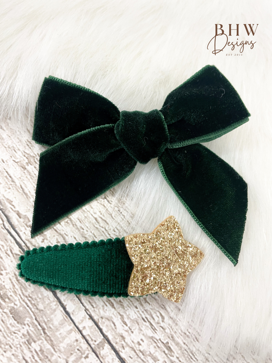 Green Velvet Hair Bow Set