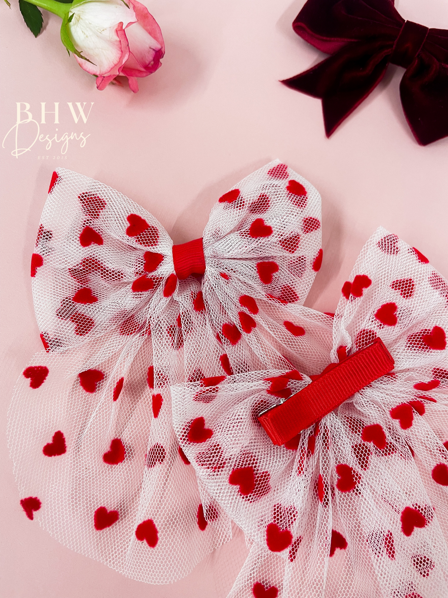 Red Heart Mesh Hair Bow