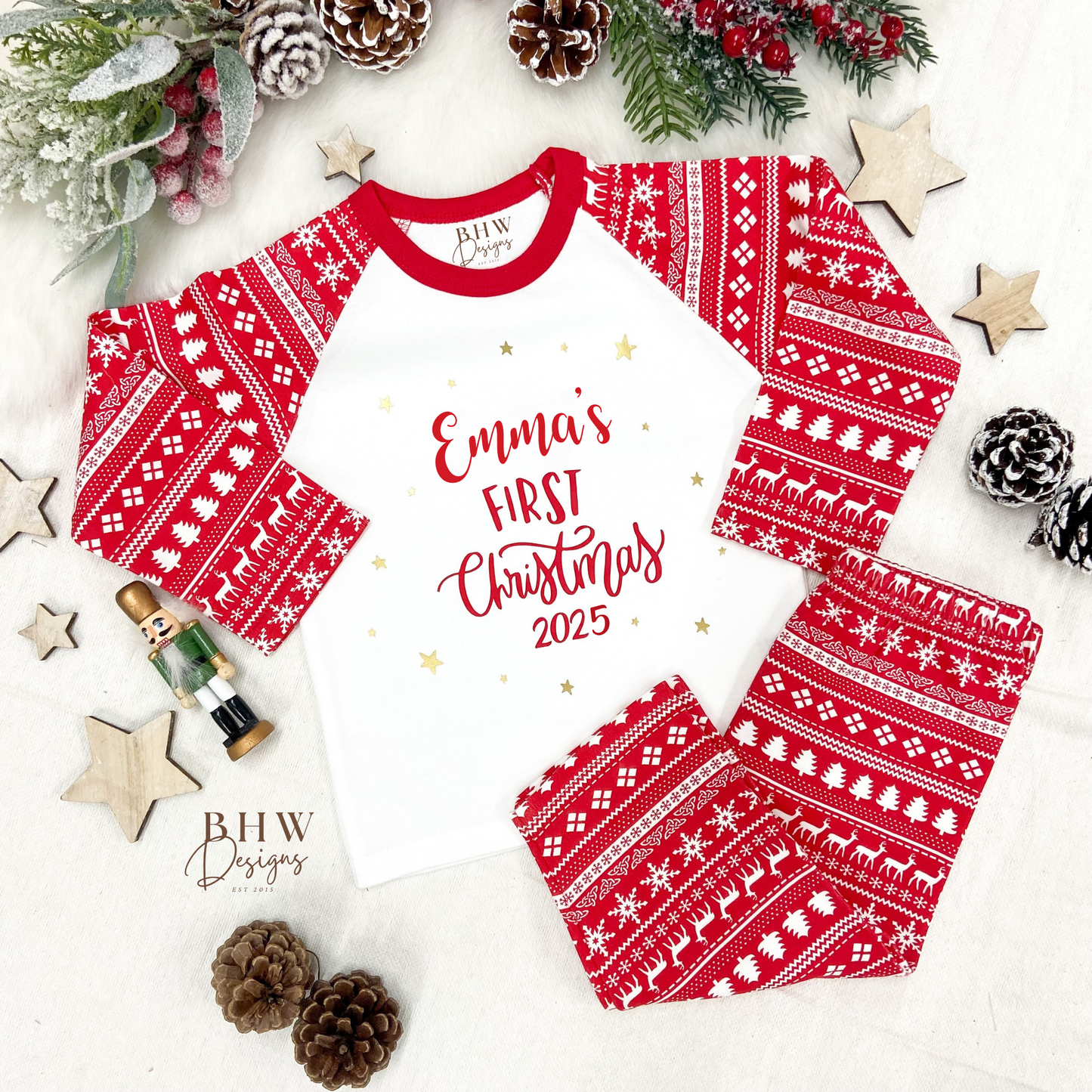 Personalised First Christmas red fair isle Pyjamas