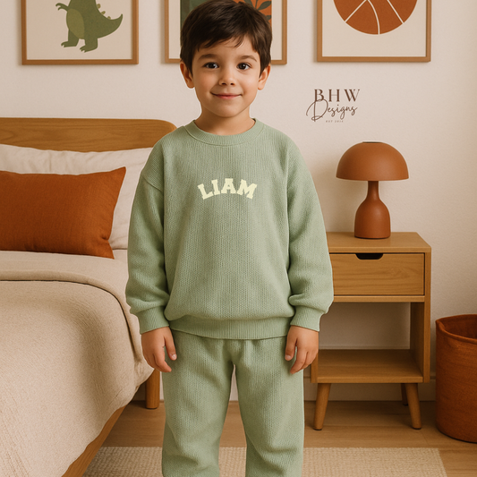 Child wearing a green 'LIAM' sweatshirt and pants in a bedroom setting.