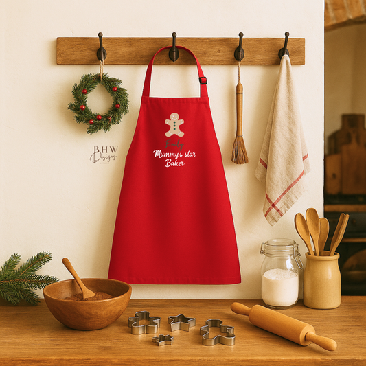 Red apron with Emily and 'Mommy's Star Baker' text on a kitchen counter with baking tools.