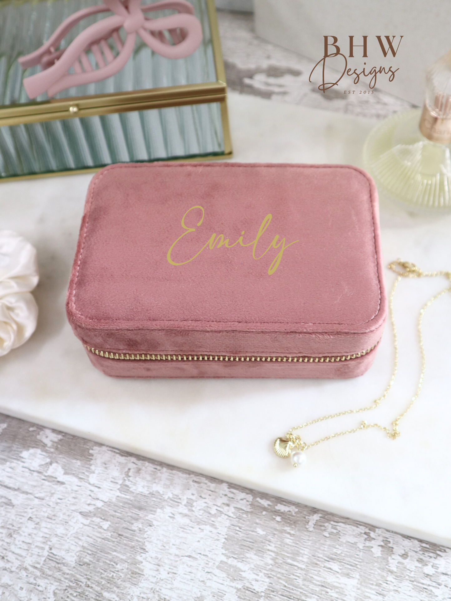Personalised Velvet Jewellery Case - Rose Quartz