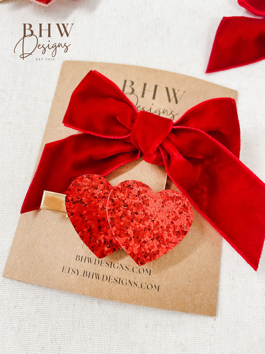 Red Velvet Bow Glitter Heart Clip set