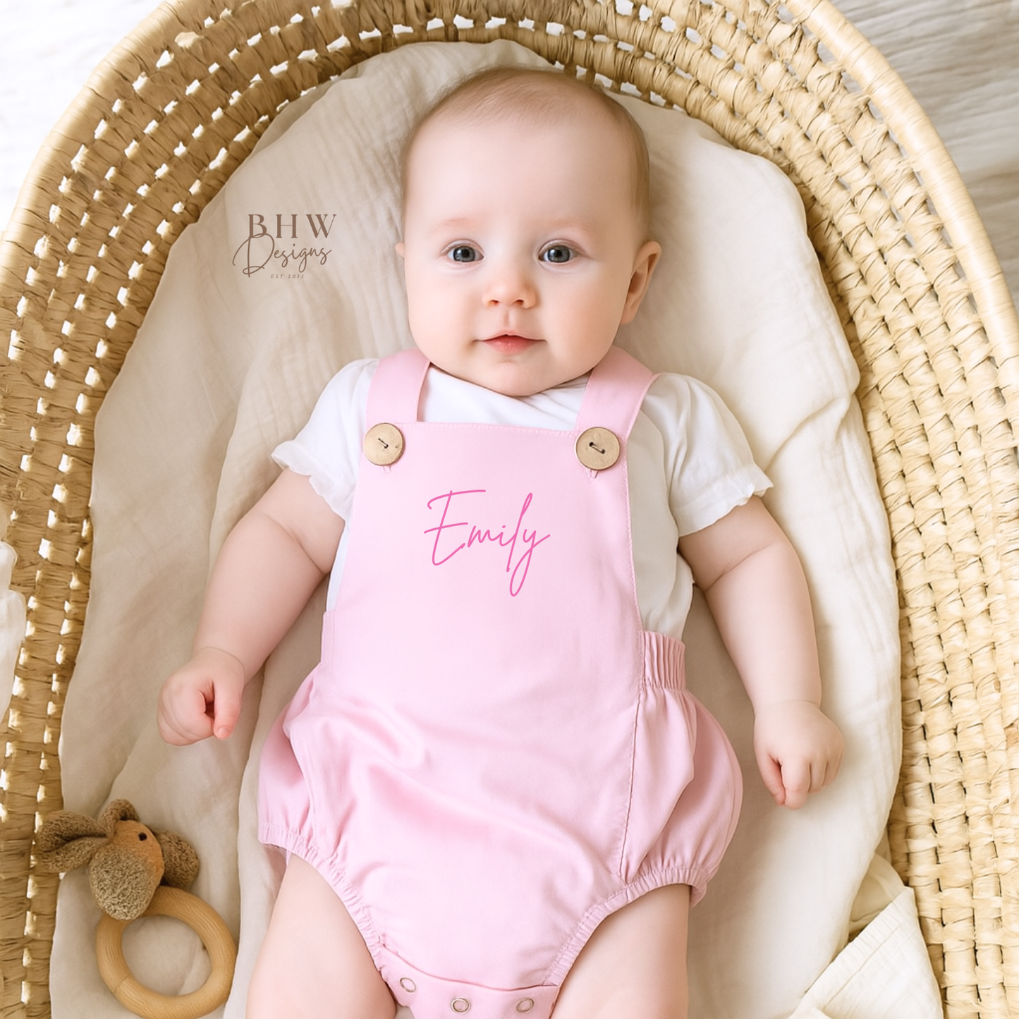 Personalised Dungaree Romper - Baby Pink