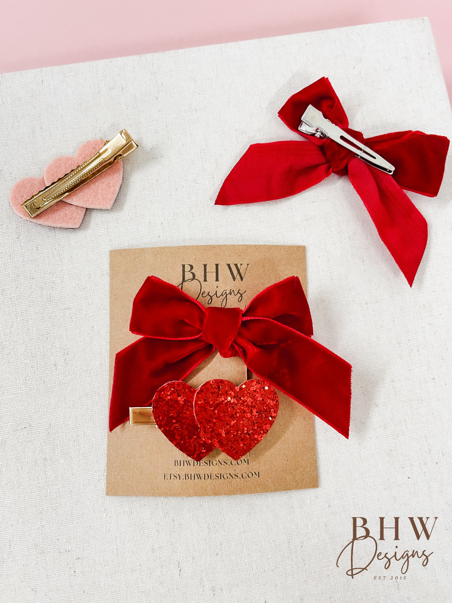 Red Velvet Bow Glitter Heart Clip set