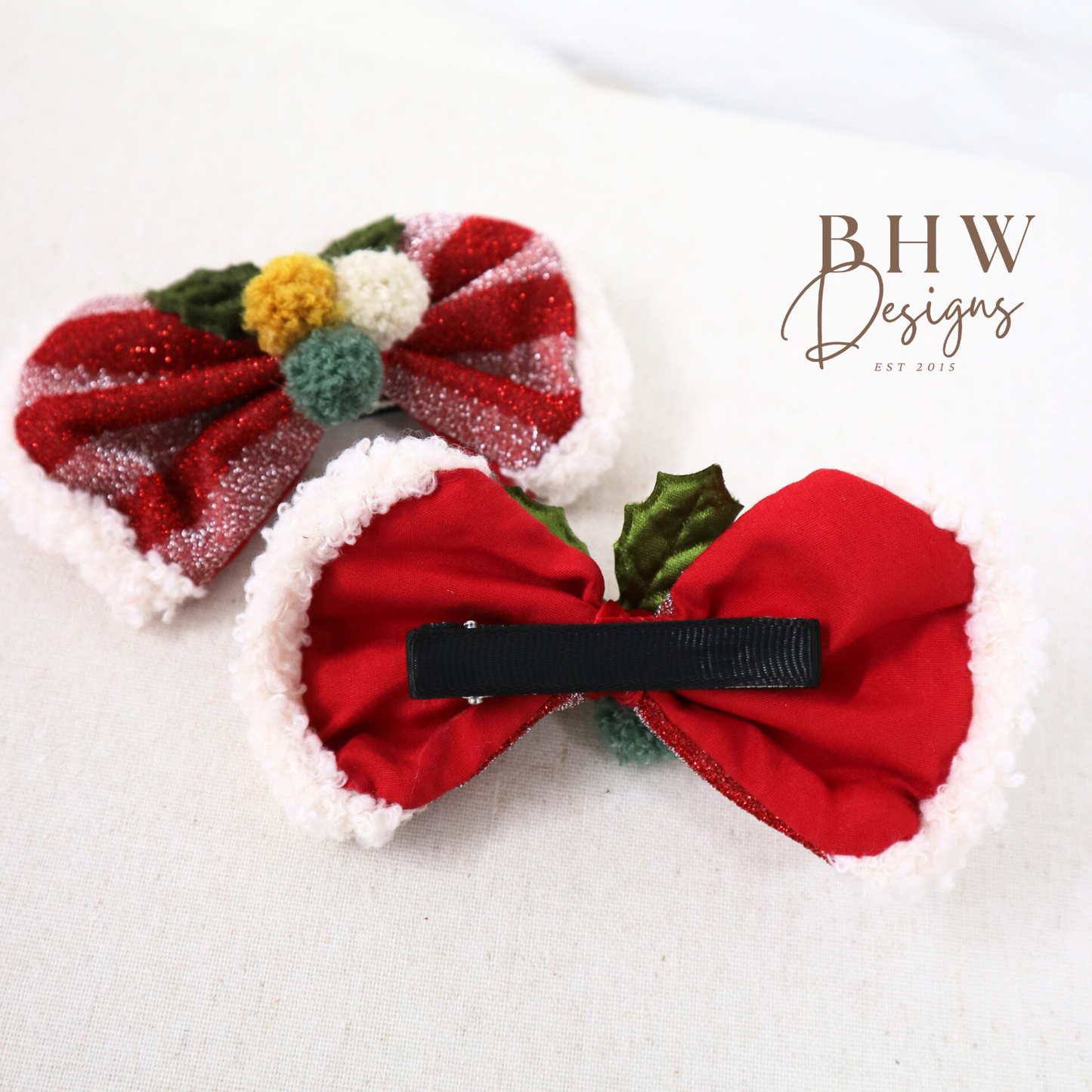 stripe glitter red hair bow with wool pom pom better and green velvet leaves