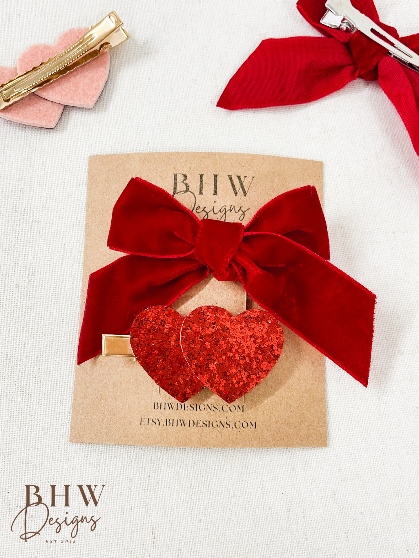 Red Velvet Bow Glitter Heart Clip set