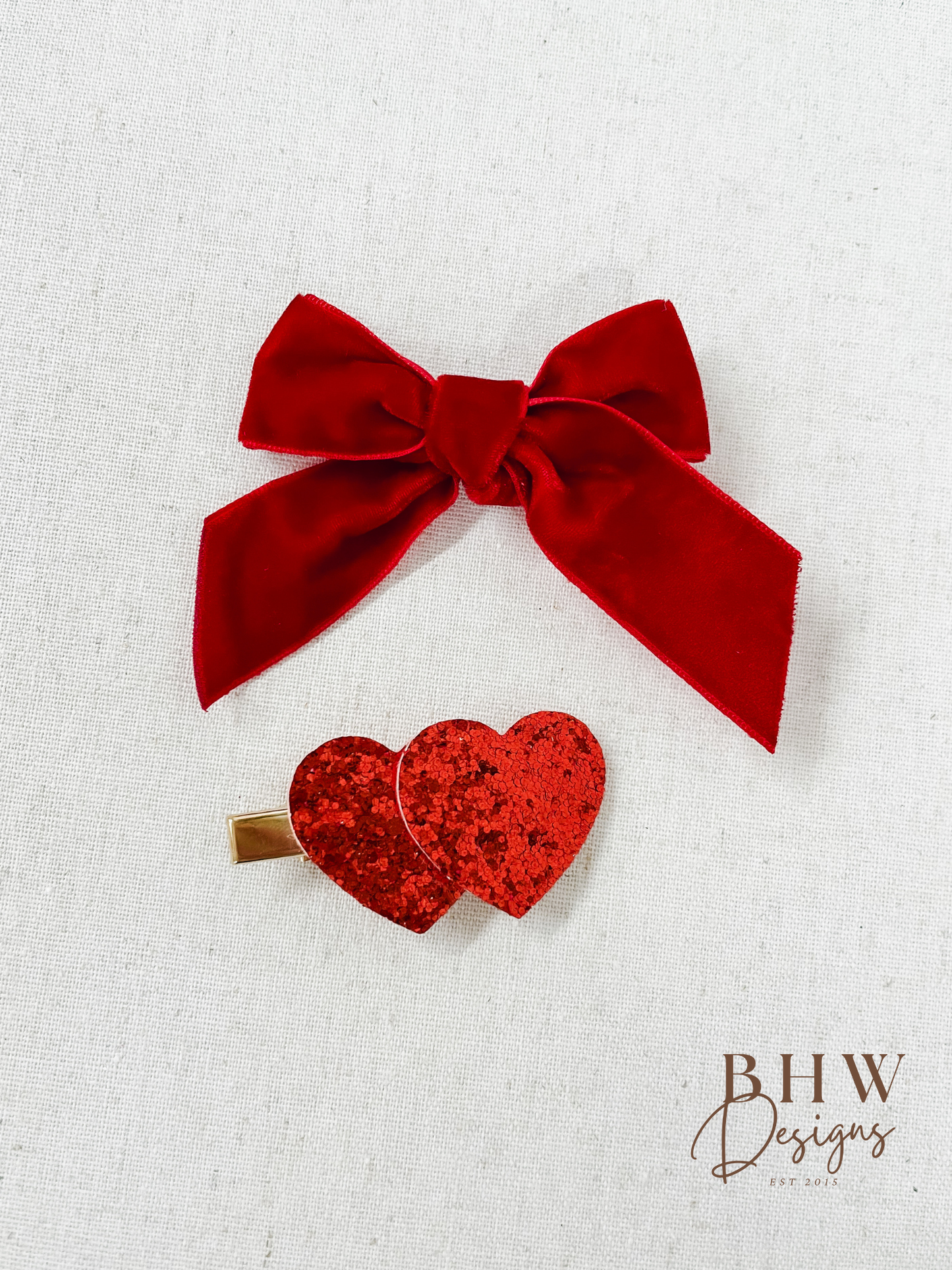 Red Velvet Bow Glitter Heart Clip set