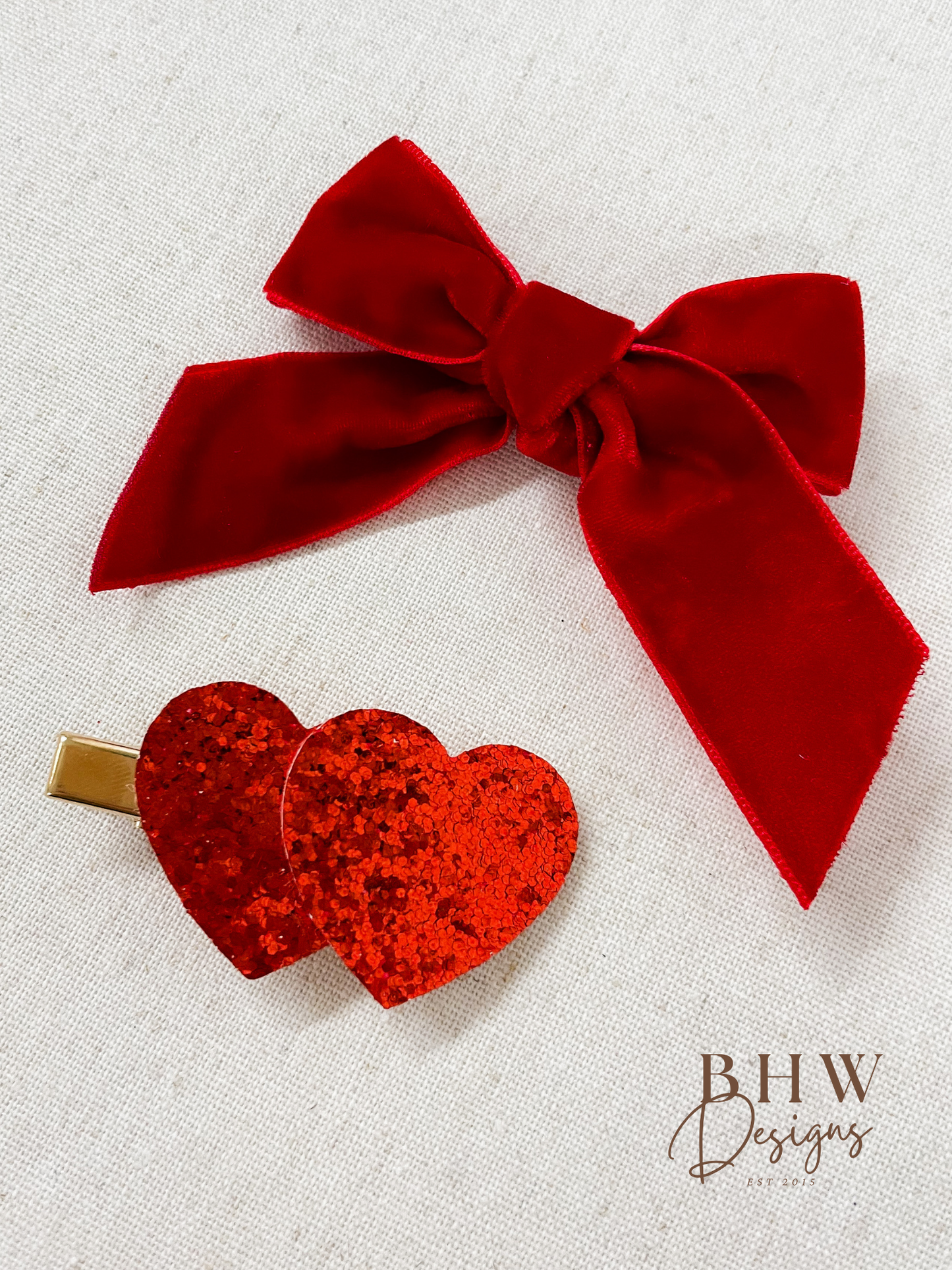 Red Velvet Bow Glitter Heart Clip set