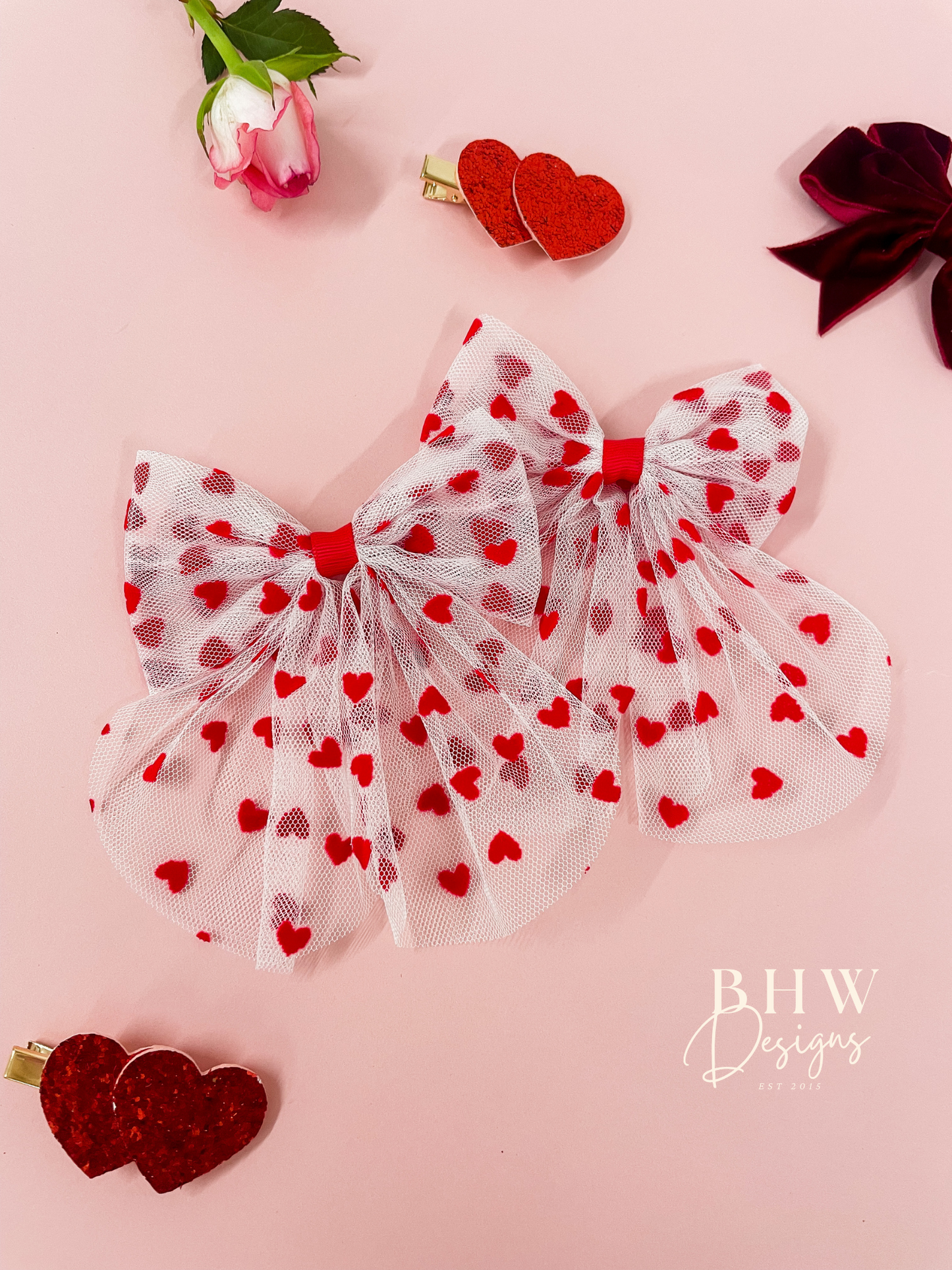 Red Heart Mesh Hair Bow