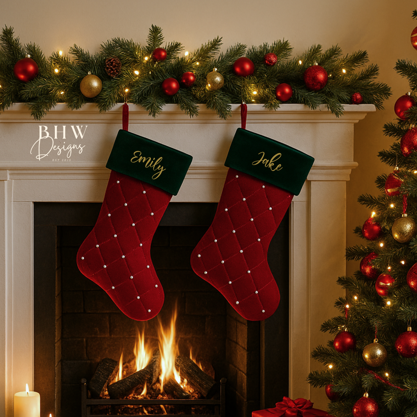 personalised Christmas stockings hanging above a fireplace with a decorated Christmas tree and presents.