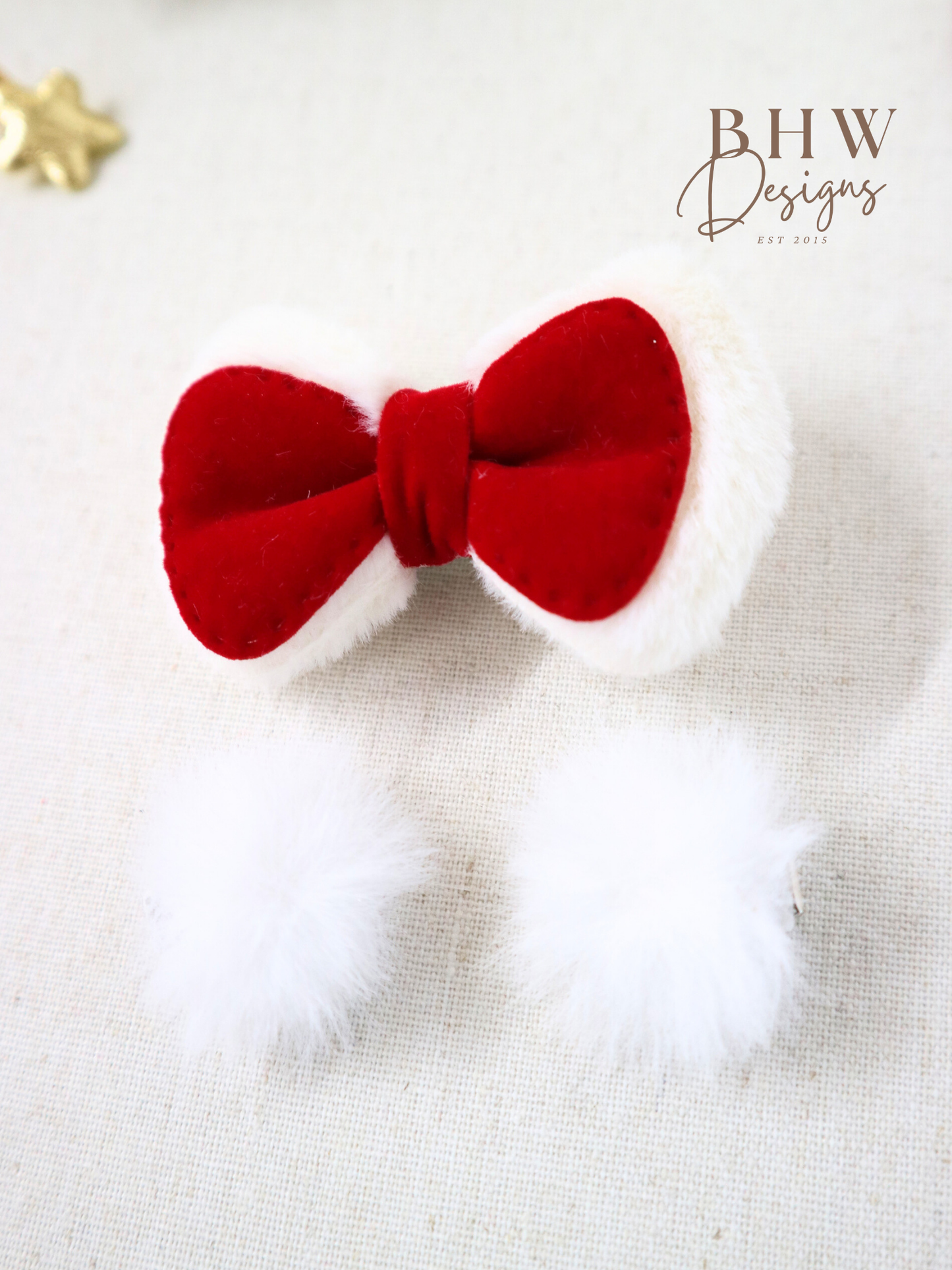 Red & White Hair Bow and Pom Pom Clip Set