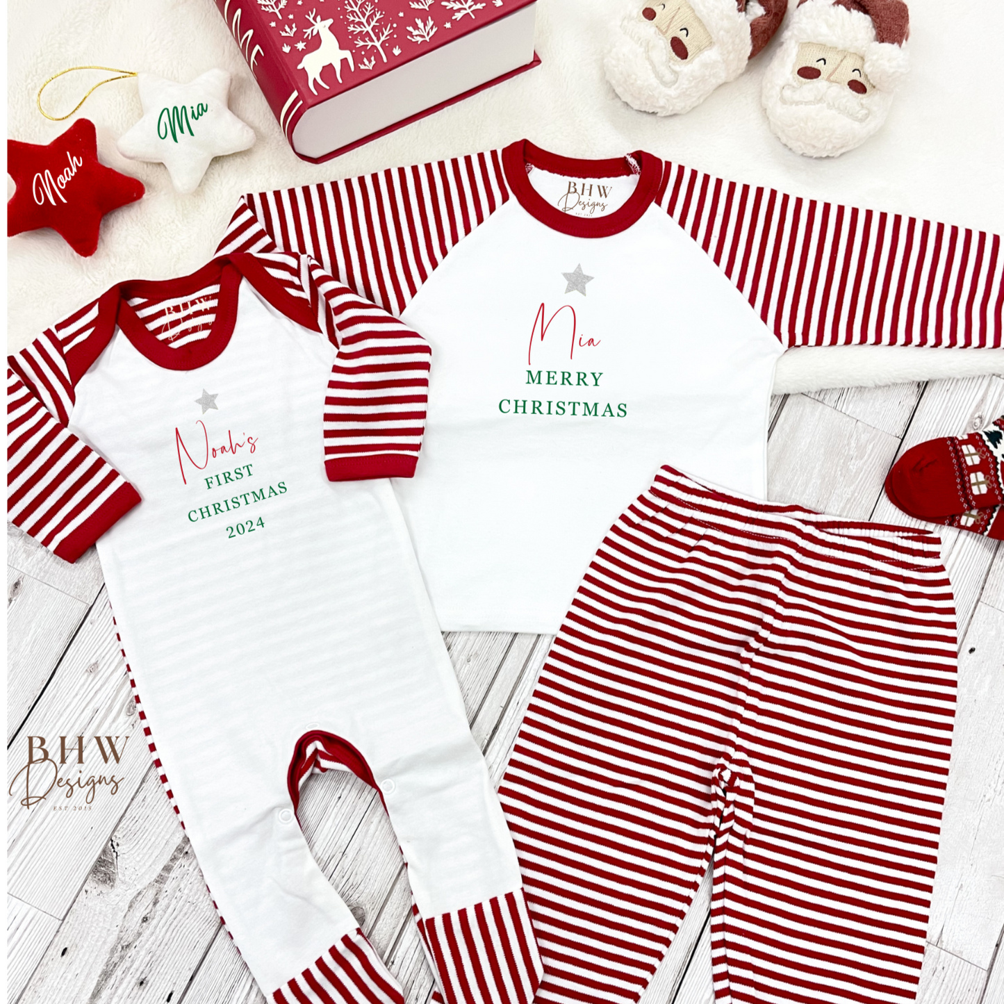 Red and white striped baby outfit with 'Merry Christmas' text with matching children's pyjamas