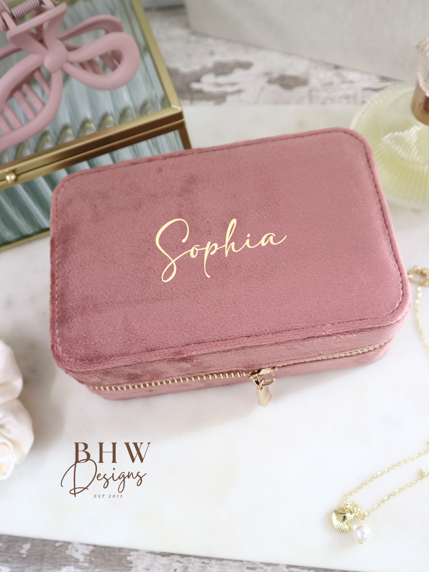 Personalised Velvet Jewellery Case - Rose Quartz