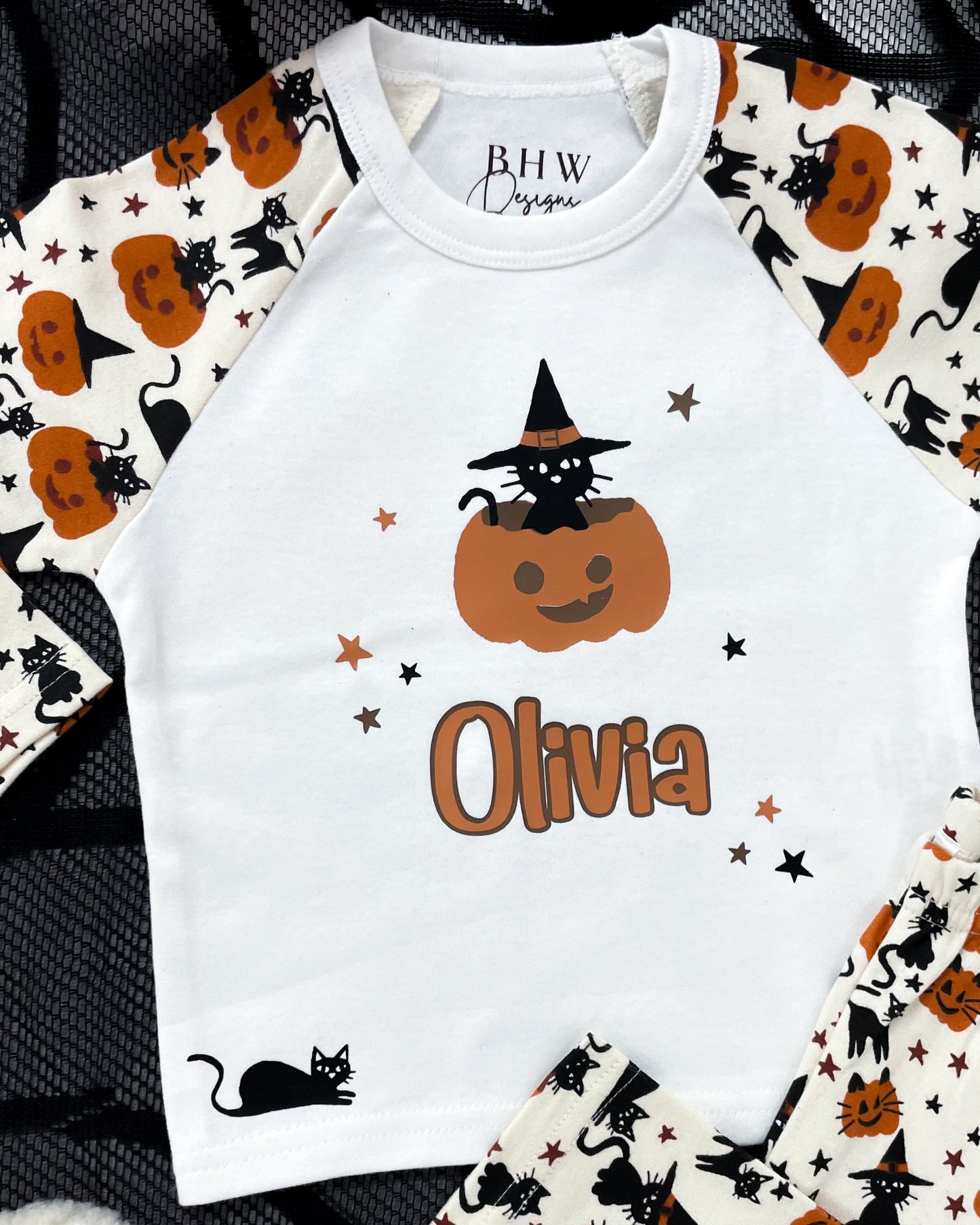 Personalised Black Cat and Pumpkin Halloween Pyjamas
