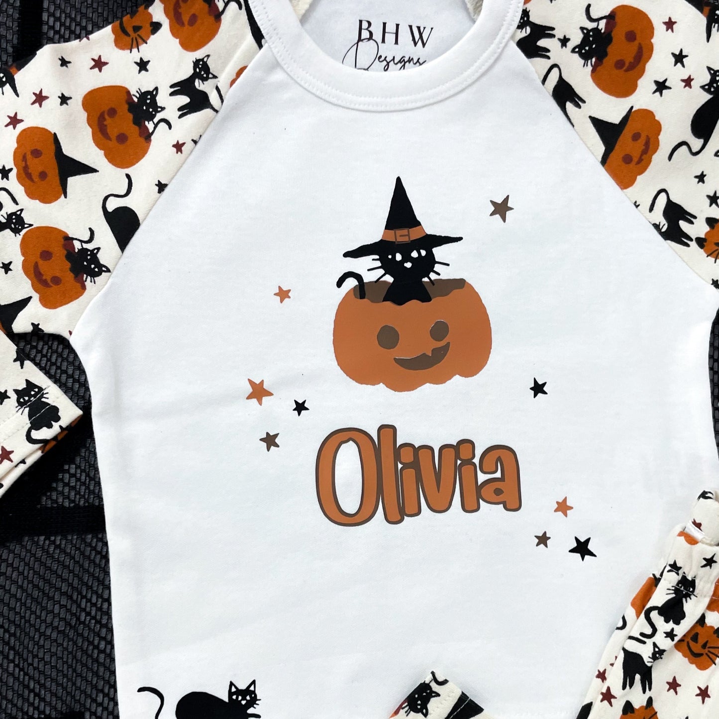 Personalised Black Cat & Pumpkin Pyjamas