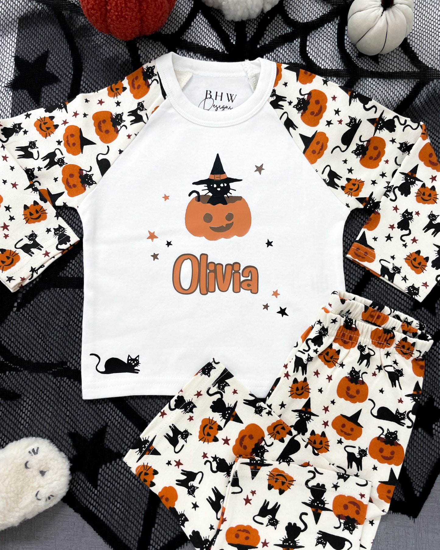Personalised Black Cat and Pumpkin Halloween Pyjamas