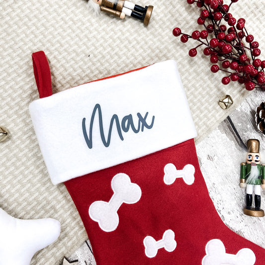 Personalised Pet Bone Print Christmas Stocking in red
