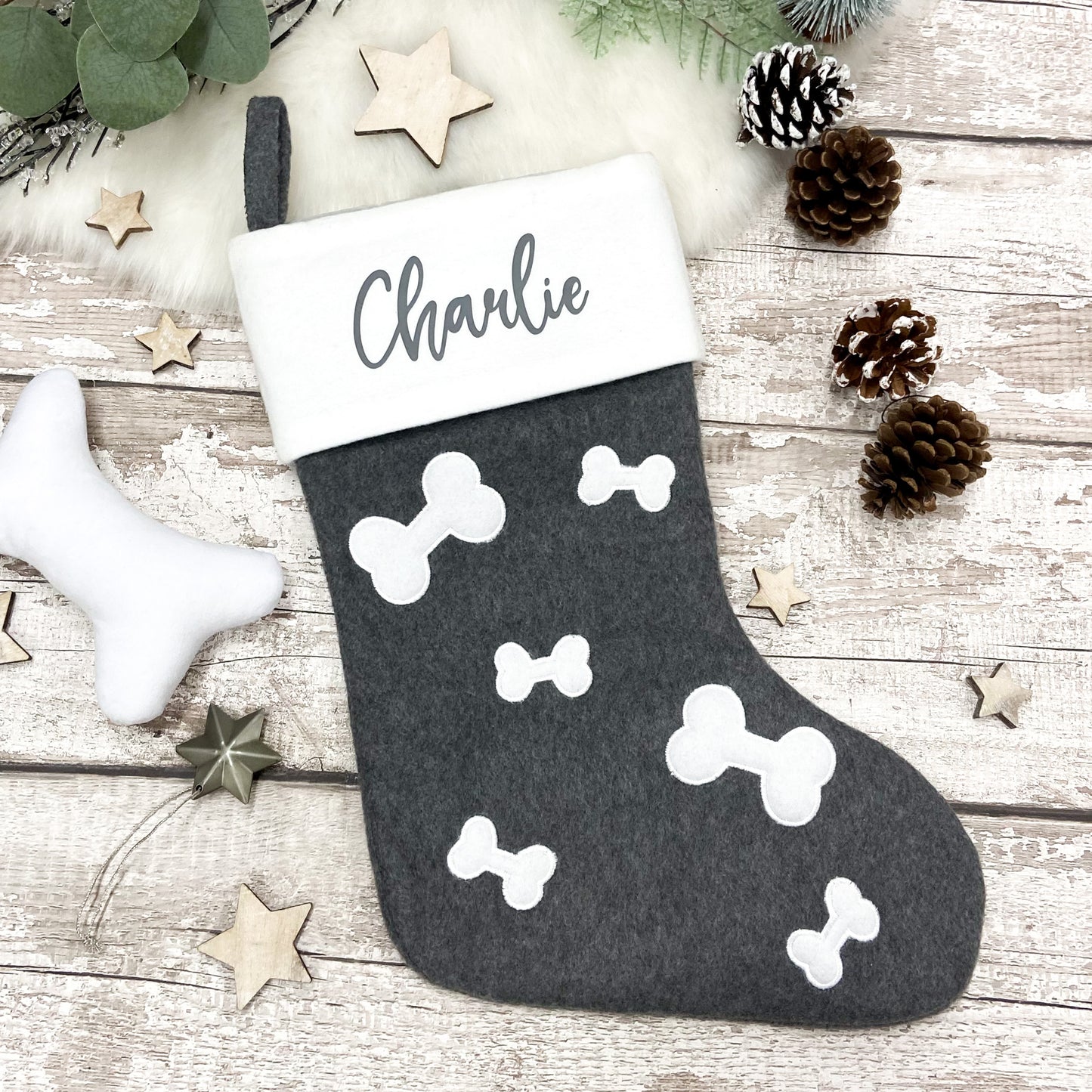 Personalised Pet Bone Print Christmas Stocking in Dark Grey