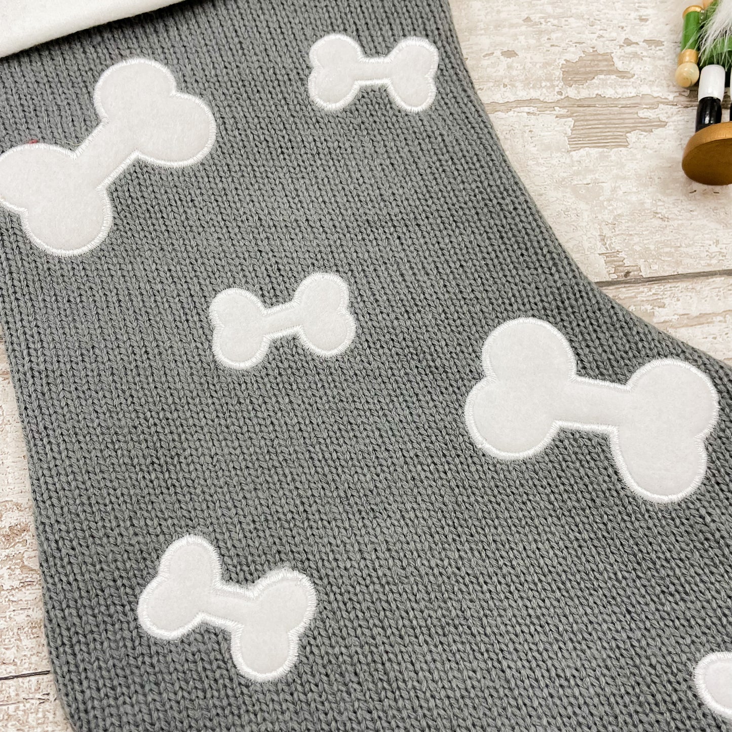 Personalised Pet Bone Print Knitted Christmas Stocking in Dark grey