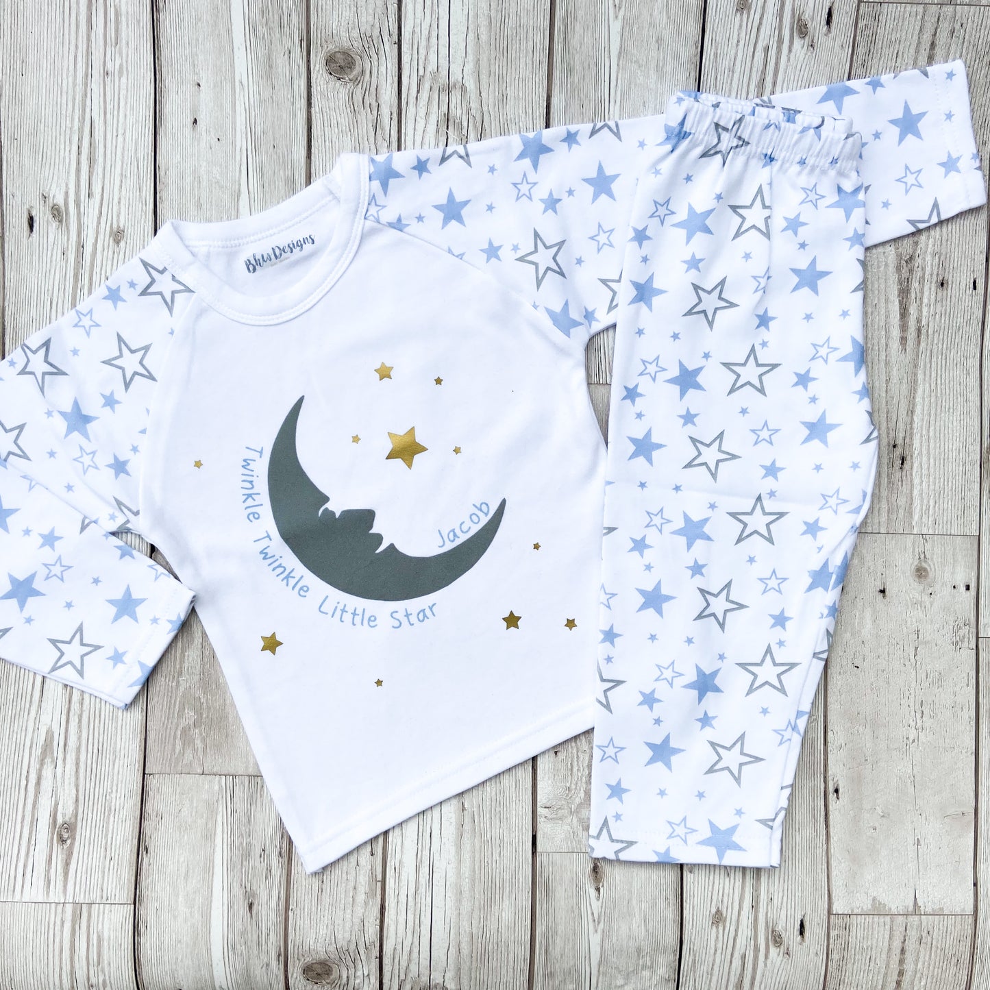 Personalised Blue Children's Moon and stars Pyjamas